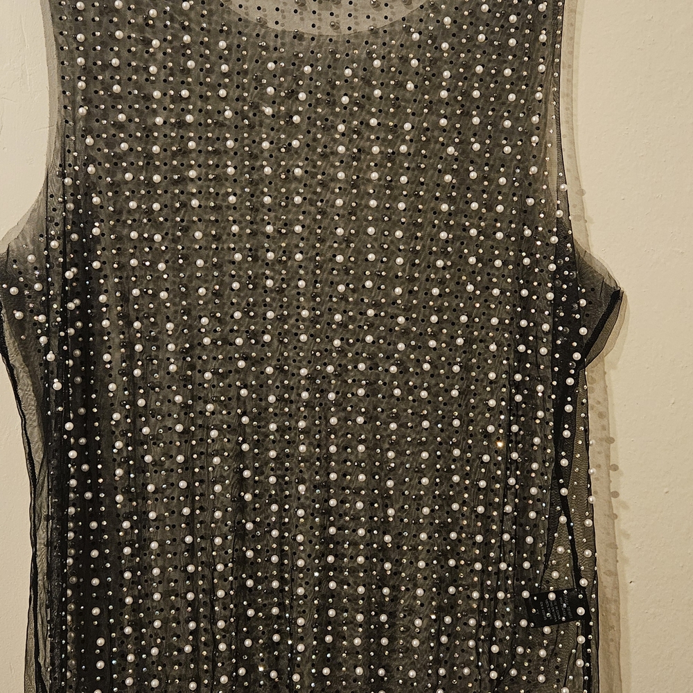 Love J Black Sheer Tank Top with Pearl Accents